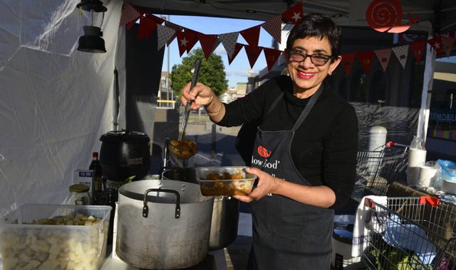 Slow Food Hunter Valley leader Amorelle Dempster makes potato and beef curry at Maitland produce market